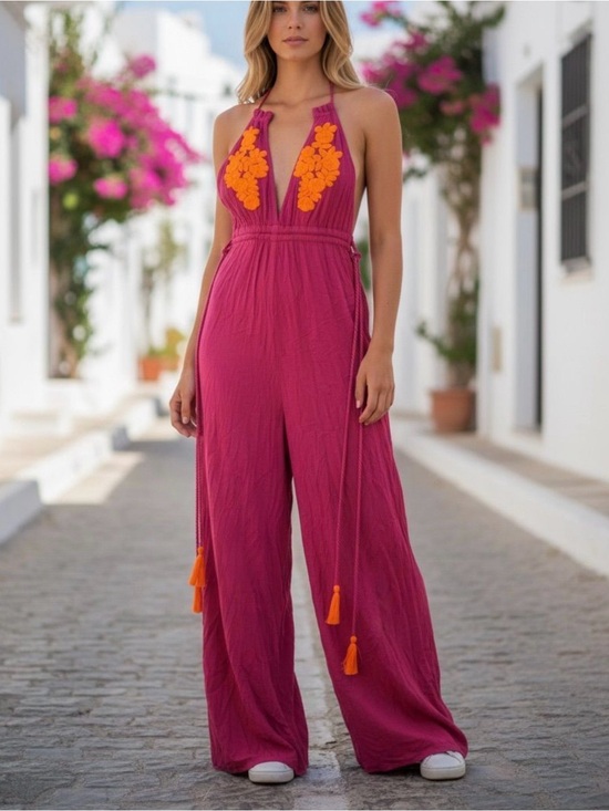 FARM Rio Pants - FARM Rio Vintage Fuchsia Halter Jumpsuit with Orange Floral Appliqué